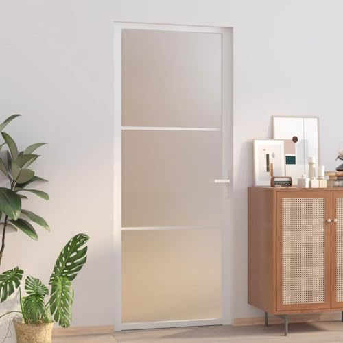 Porte intérieure blanche avec verre de 83 x 201,5 cm, verre mat et cadre en aluminium, porte en verre moderne pour brise-vue