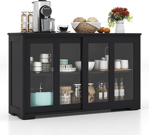 COSTWAY Armadietto da Cucina Mobile Laterale Multiuso con Ante Scorrevoli, in MDF e Vetro, 106,5 x 33 x 62,5 cm (Nero)