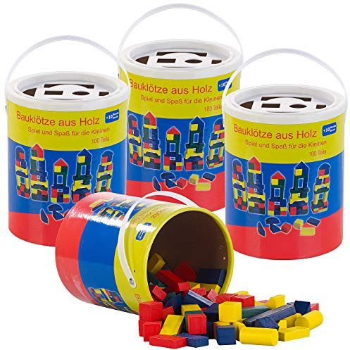 Playtastic Spielbaustein: 4er-Set Holzbausteine, Aufbewahrungseimer, 100 St., 4 Farben, 6 Formen (Spielzeugstein, Baustein-Set)
