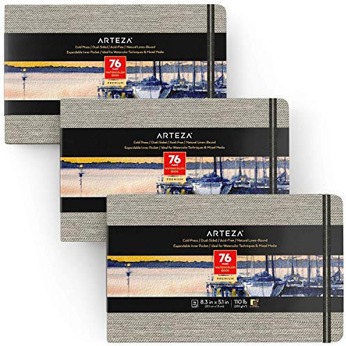 Arteza Aquarell Skizzenbuch 13cm x 21cm, 3er-Pack mit jeweils 76 Seiten, 230g/m² kaltgepresstes säurefreies Aquarellpapier gebunden in Leineneinband, für Aquarelltechniken und Mischtechnik