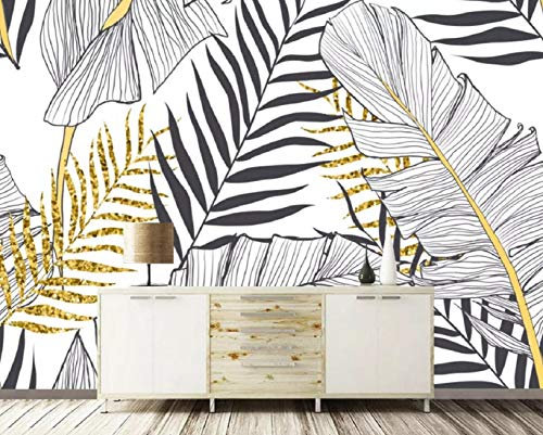MIWEI Wallpaper Papier Peint Panoramique Le Mur Du Fond (Noir Et Blanc À Feuilles De Bananier Et Cocotiers Papier Peint Nature Intissé Murale Chambre Salon（150cmX105cm）