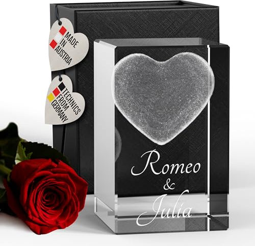 3D Vetro Cristallo 80mm XL Cuboid | Cuore | Incisione con Due Nomi | Regalo del Amore