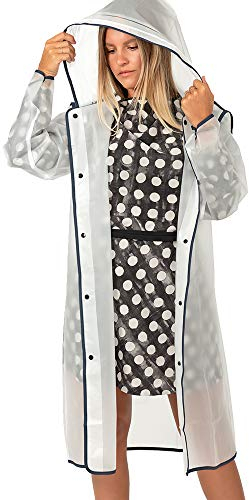Regenponcho Wasserdicht Damen Herren Reflktierende Details - Regenjacke Wandern Outdoor Trekking Reisen mit Kapuze - Regen Cape Waterproof Kompakt Camping (S, Transparent mit Rand Blau)