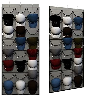 Unjumbly Baseball Hat Rack, 24 Pocket Over-The-Door Organizer With Clear Deep Pockets, Display Caps Collection, 3 Hooks, Fits 3/8 and 1 3/4 Door Width, Grey