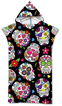 Surwin Badeponcho Strandtuch Herren Damen Surfen Wechseln Handtuch Poncho Mit Kapuze kompakt und sehr leicht Robe Bademantel Surfponcho für Strand Schwimmen (Schädel 1,75 * 110cm)