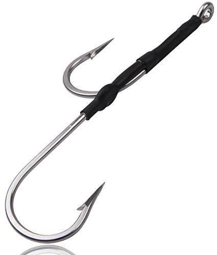 Stainless Steel Double Hook Rig for Trolling and Chunking, 5PCS Offset Double Big Game Fishing Hooks Forged Saltwater Fishing for Catfish Tuna Marlin (5pcs 11/0)