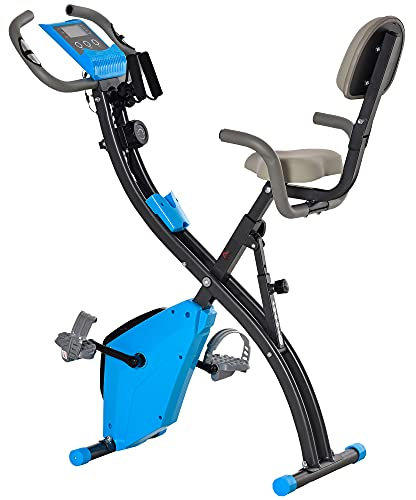 HOMCOM Vélo d'appartement pliable, vélo d'exercice, home traîner pour adultes, 8 niveaux de résistance magnétique, capteurs pouls main, écran LCD multifonction, selle réglable, acier, bleu, gris