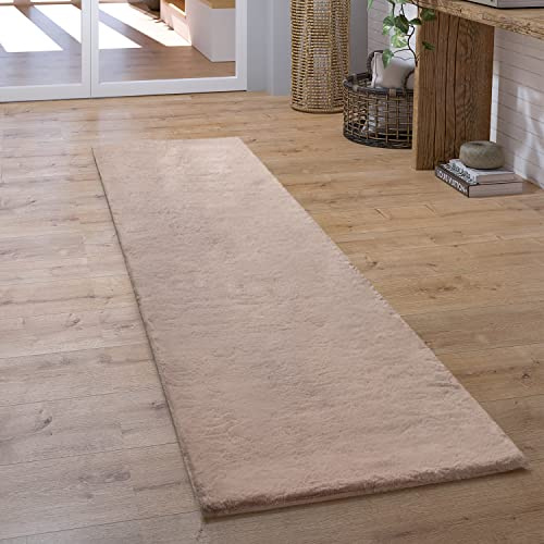 Paco Home Teppich Läufer Hochflor Wohnzimmer Flur Flauschig Schlafzimmer Fell Kunstfell Modern Fellimitat Einfarbig, Grösse:100x200 cm, Farbe:Beige