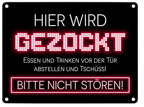 Hier wird gezockt Metallschild in 15x20 cm für Gamer in rot lustige Geschenkidee für Jungen und Mädchen die Computerspiele lieben und am liebsten den ganzen Tag zocken würden