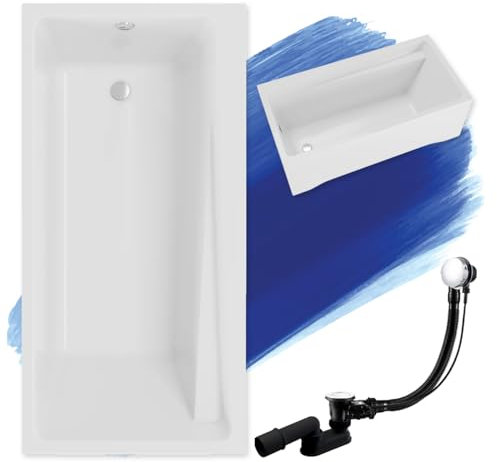 BADLAND Badewanne Original Weiß Acryl Wanne Rechteck ELZA 170x75 KOMPLETTSET SET mit Weiß Acrylschürze + Füßen und Exklusive Chrom Automatik Ablaufgarnitur Made in EU 4in1