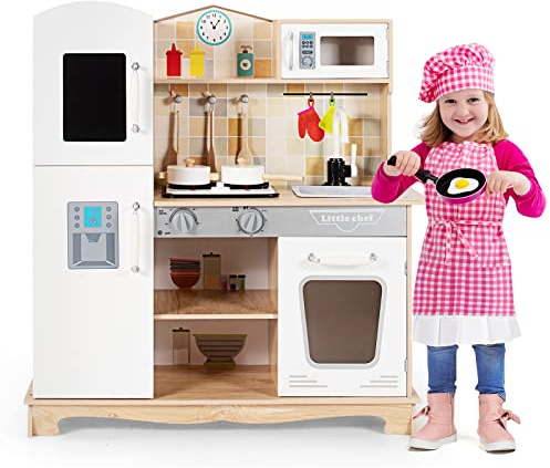 GOPLUS Kinderküche aus Holz, Küche für Kinder, Spielküche mit Holz Zubehör&Spüle&Backofen&Kochfeld&Kühlschrank, Holzküche mit Sundeffekte & Licht, Kinderrollenspiele, Kinder Spielzeugküche
