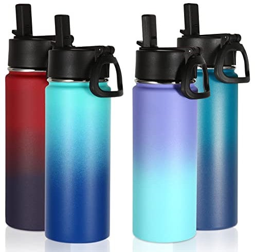Volhoply 530ml 18oz Insulated Water Bottle Bulk 4 Pack, Kids Stainless Steel Water Bottles with Straw Lid, Reusable Metal Wide Mouth Sports Flask Keep Hot and Cold (Assorted,4 Pack)