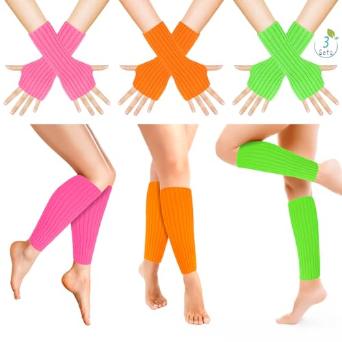 JYUHA 6 Pairs Neon Leg Warmers and Fingerless Arm Warmers, 80s Fancy Dress Leg Warmers Knitted Ribbed Long Arm Warmers for Women and Girls (Green, Rose Red, Orange)