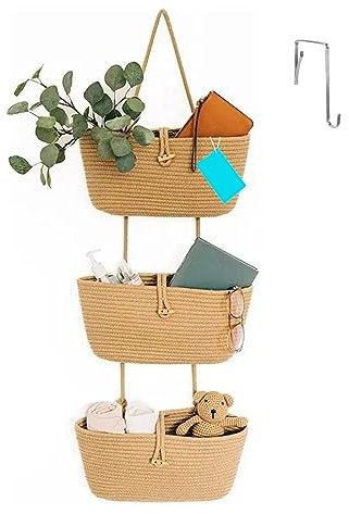 Tür Wand Organizer, 3 Stufiger Hängeorganizer, Hängekorb aus Baumwollseil Gewebt, 3 Fächer Wand Hängen Tasche Aufbewahrungstasche für Schlafzimmer Wohnzimmer Kinderzimmer Bad (Grasgelb)