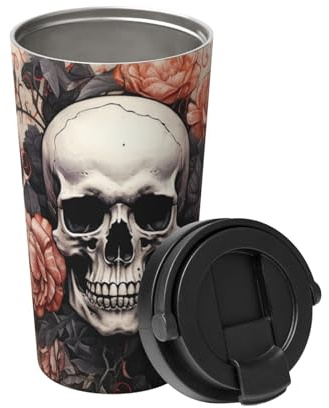 BTCOWZRV Reise-Kaffeebecher mit Totenkopf und Blumen, auslaufsicher, auslaufsicher, Kaffeebecher mit Deckel, isolierter Kaffeebecher, tragbarer Thermobecher, auslaufsicher, wiederverwendbar,