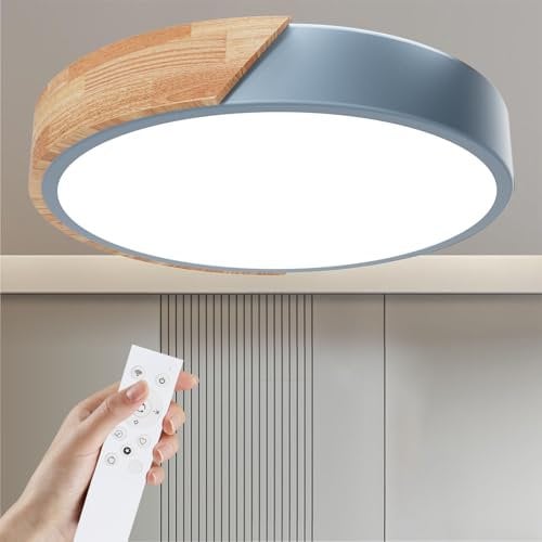Yexati Deckenleuchte Holz, dimmbare Decke 3000k-6000k, ferngesteuerte LED-Deckenleuchte, 24-W-moderne Leuchte für Wohnzimmer, und Flur, 30 cm ，Blau