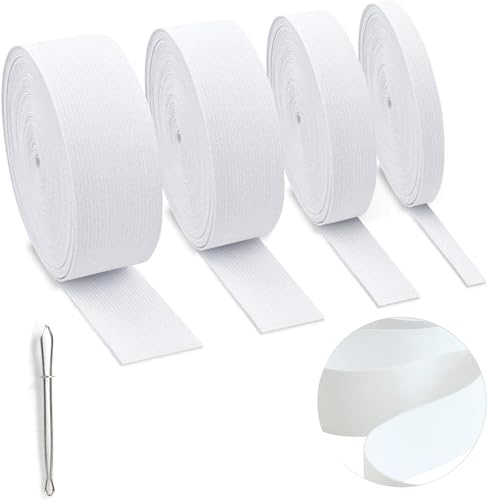 BOKFJBP 20M Gummiband Schwarze Weiß Breite 10mm 20mm 30mm 40mm, Elastisches Farbband Bänder Gummibänder Nähen 4 Stück mit Nadeleinfädler für DIY Handwerk Nähen Zubehör Nicht leicht verformbar