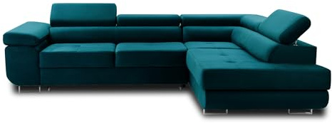 Bestmobilier Pablo – Ecksofa mit Schlaffunktion – mit Bettkasten – verstellbare Kopfstützen – aus Velours – 5-Sitzer – rechts Entenblau