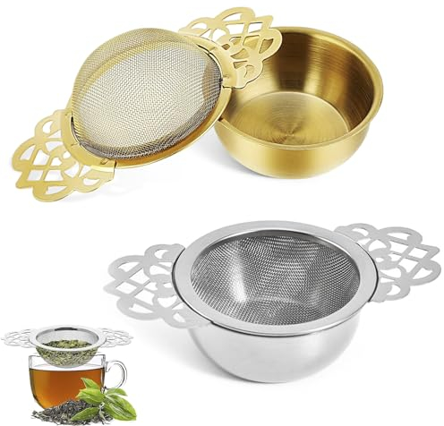 2 Pack Small Fine Mesh Tea Strainers with Bowl, Stainless Steel Mesh Tea Infuser, Silvery Tea Strainers for Loose Tea Single Cup (Gold+Silvery)