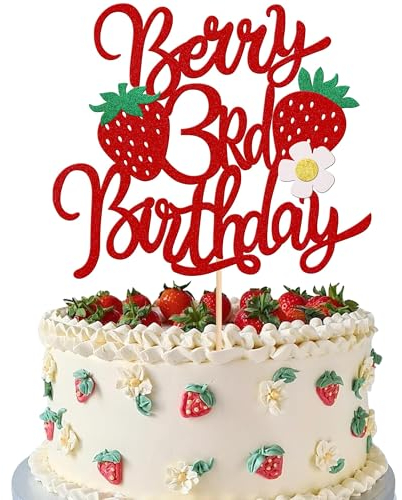 Erdbeere Tortendeko, Erdbeer Kuchen Deko, Erdbeere Cake Decoration, Cake Topper 3. Geburtstag, Erdbeer Geburtstags Party Dekorationen, Rot Tortendeko für Kindergeburtstage, Babypartys