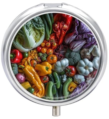 Runde Pillendose mit Spiegel, 3 Fächer, tragbar, kleine Pillendose, wöchentlich, buntes Gemüse-Muster, Medecine-Etui für Geldbörse, Tasche, Reisen, Vitamin, Nahrungsergänzungsmittel