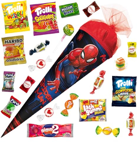 OYOY 22cm Schultüte gefüllt mit Süßigkeiten Mix I ROTH Schultüte Spiderman I kleine Schultüte fertig gefüllt I Geschwister Schultüte I Kindergartentüte
