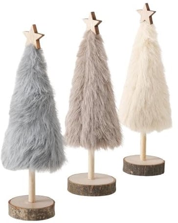 Miss Lovely Tannen-Bäume 3er Set Weihnachts-Deko-Figuren aus Echt-Holz & Plüsch Creme weiß, braun & grau Weihnachts-Dekoration Figur Tannen-Baum Advent Winter