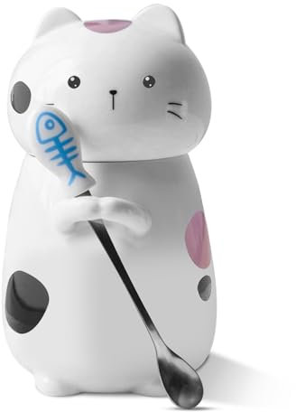 PRITOK Disoza Cat Cup - Tazza da caffè in ceramica 3D a forma di gatto, con cucchiaio e coperchio, per compleanno, Natale, San Valentino
