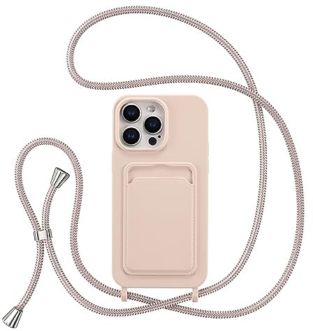 ZTOFERA Crossbody Lanyard Case for iPhone 13 Pro Max (6.7) with Card Holder, Soft Liquid Silicone Phone Case with Strap Adjustable Neck Cord Necklace Shockproof Protective Cover - Pink