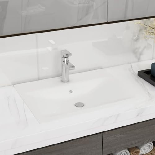 qohoio Lavabo de Lujo con Grifo cerámica 60x46 cm Blanco Mate Mini Lavabos PequeñOs