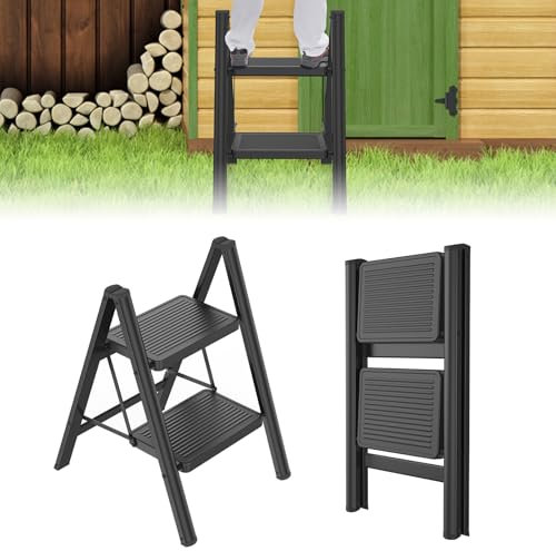 UISEBRT Trittleiter 2 Stufen Klappbar, Stehleiter, rutschfeste Haushaltsleiter mit Breiten Stufen, Belastbar bis 250KG, Faltbar für Haushalt, Küche, Büro, Schwarz