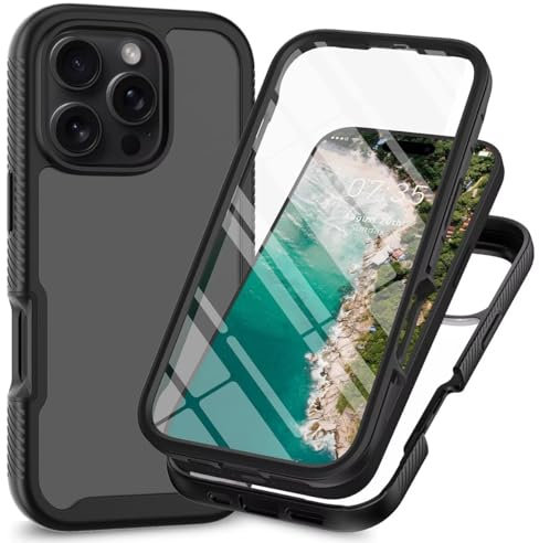 Dfjhure for iPhone 16 Pro Max Case Built-in Screen Protector Full Body Shockproof Protection Cover tylish Bumper Transparent Back Phone Case Cover for iPhone 16 Pro Max- Black