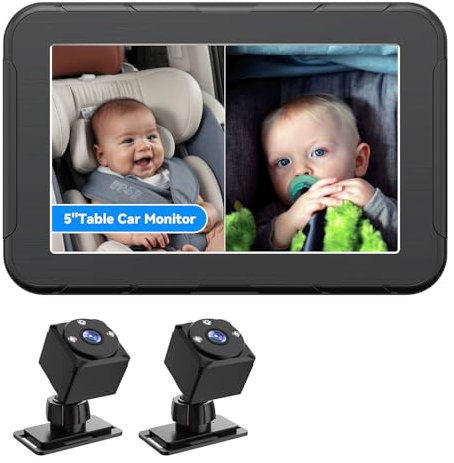 Cámara de espejo de coche para bebé, pantalla de dos canales de 5 pulgadas con 2 cámaras de visión nocturna infrarroja, pantalla dividida, visión nocturna y ángulo de visión de 150°, HD 1080P, fácil