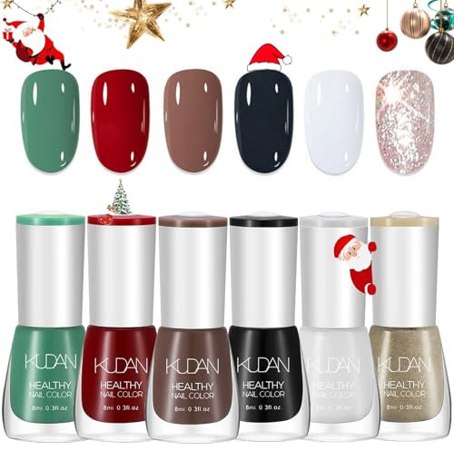 DMQ Christmas Nail Polish Set, 6Pcs Green Red Black White Brown Glitter Nail Varnish Kit, Classic XMAS Series Quick Dry & Long Lasting Nail Gel for Nail Art Design - Christmas Gifts for Women