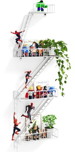 Beskadi Fire Escape Wall Shelf - 4 Tier Metal White Fire Escape Shelf with Baskets, Unique Decorative Wall Shelves for Any Room