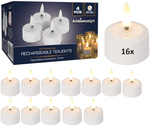 Ambiance - LED Teelichter - Box 16 Stück - Wiederaufladbar - Ladegerät nicht im Lieferumfang enthalten - Weiß