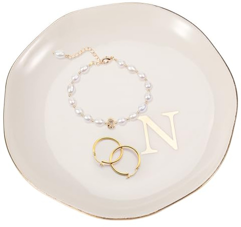 sourcing map Ceramic Jewelry Tray, Letter N Vanity Tray for Earrings Key, Gold Edge White