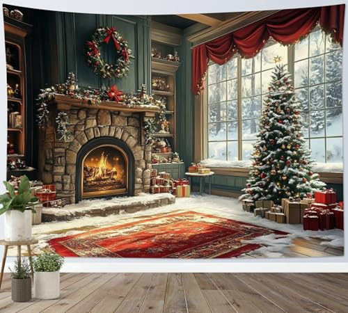LB Wandteppich Weihnachten Trer Wandtuch Weihnachtsgirlande auf Kamin Wandbehang Winter Schneewald aus dem Fenster Tapisserie für Wohnzimmer Schlafzimmer Wohnheim Wanddeko,200x150cm