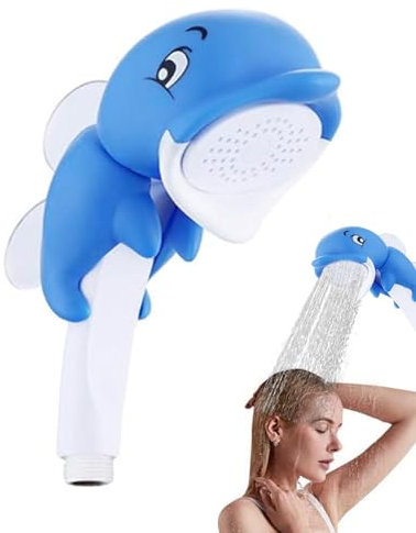 Yumneo Cabezal de ducha para niños, cabezal de ducha de mano de delfín de dibujos animados, rociador de baby shower, accesorios de baño, cabezal de ducha reutilizable para niños para paredes de