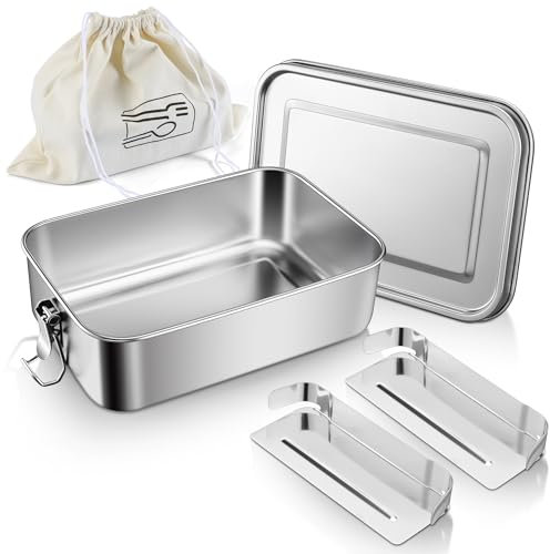 Joyfair Lunch Box, Stainless Steel Bento Box with Bag, Metal Compartment Lunch Food Storage Containers for Adults and Kids, Lockable Clips & Removable Divider, Leak Proof & Dishwasher Safe, 850ml