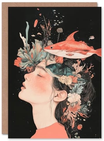 Artery8 Greeting Card Sea Dream Coral Reef Fish Woman Surreal Portrait Blank For Him Or Her Art Birthday Card