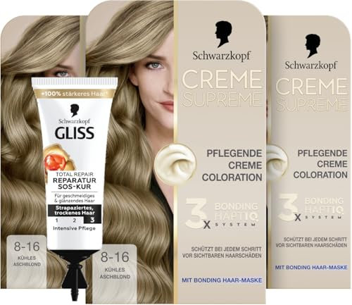 Schwarzkopf Creme Supreme Coloration 8-16 Kühles Aschblond (3x 182 ml), dauerhafte Haarfarbe mit Serum und Haar-Maske & SOS-Intensiv-Kur Total Repair (15 ml), Haarkur mit Keratin