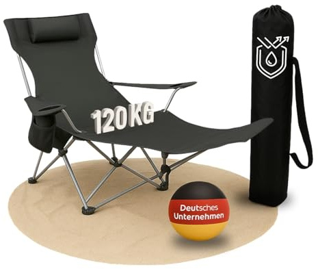 Coemo Campingstuhl Schwarz, zusammenklappbar, verstellbar, Liegestuhl mit Kopfstütze, Getränkehalter, Tasche, Relaxliege leicht, tragbar, Verstellbarer Faltstuhl, zusammenklappbarer Stuhl