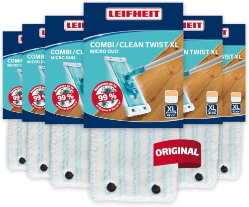 Leifheit Housse de Rechange Clean Twist XL et Combi XL, Micro Duo, Lot de 6 | Système à double fibre avec microfibres et poils surélevés, compatible Combi XL, 42 cm, tous sols, lavable 200 fois à 60 °C