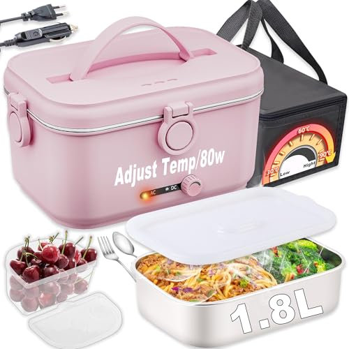 Nifogo Gamelle Chauffante Temperature Adjustable 80W Lunch Box Chauffante électrique 12V/24V/230V Boite Repas 1,8l Enfant/Adulte Pour Bureau,école,Voyage,Voiture, Avec Gris Sac(Rose)