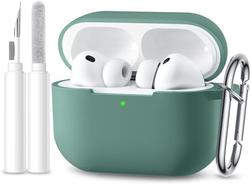 Maledan Compatibile con Cover AirPods Pro 3, Case Protettiva Antiurto in Silicone Morbido per Apple AirPods Pro 3 Generazione Custodia 2025 con Kit di Pulizia e Moschettone [LED visibile], Verde pino