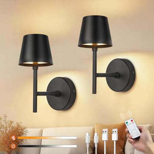 Ketom Rechargeable Wall Lights, Battery Operated Wall Lights with Remote | 2 Pack Wireless Sconces with Remote, 3 Color Temperature, Dimmable, Timer Function, Black, for Bedroom Hallway Living Room