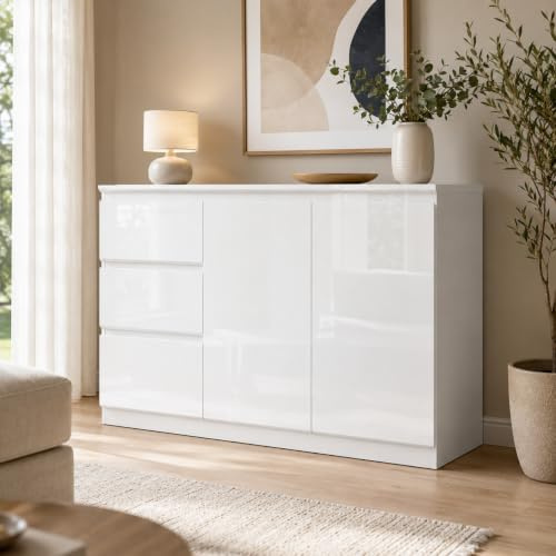 Sideboard Küche Küchenschrank 3 Schubladen und 2 Türen glänzend für Küche | Aufbewahrungsschrank mit Türen Eingangsbereich Wohnzimmer 120x40x83cm Weiß