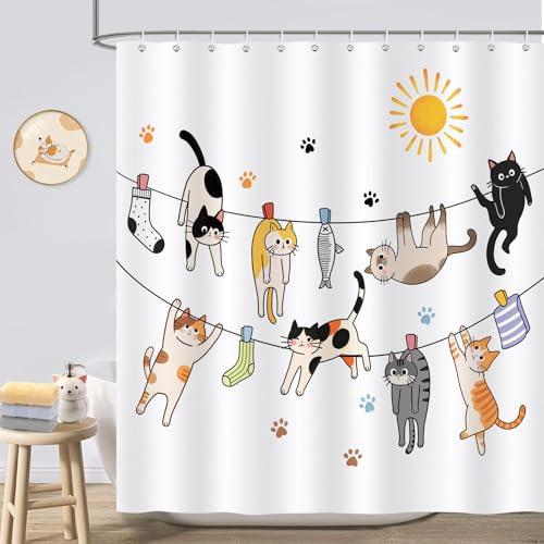 COZZSNUGE Duschvorhang 180 x 180 cm Lustige Katze, Verspieltes Kätzchen auf Wäscheleine Kinder Duschvorhänge Anti-schimmel Wasserdicht Polyester Stoff Badvorhang mit 12 Duschvorhangringen