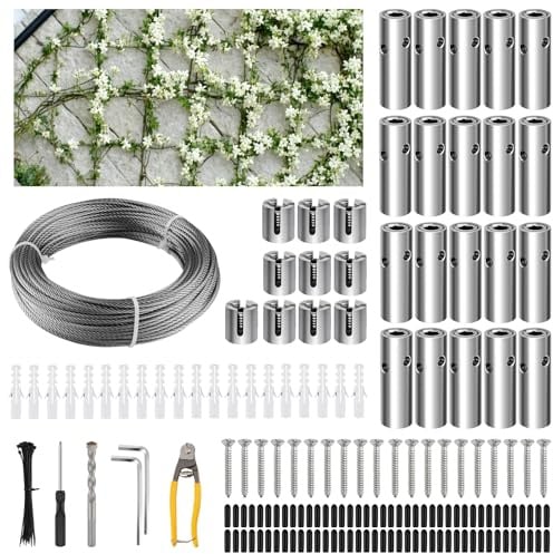 TOROKOM - 185 enrejados de alambre de jardín para plantas trepadoras, kit de enrejado de alambre de acero inoxidable resistente de 30 m para escalada de plantas de pared, cuerda de alambre de acero